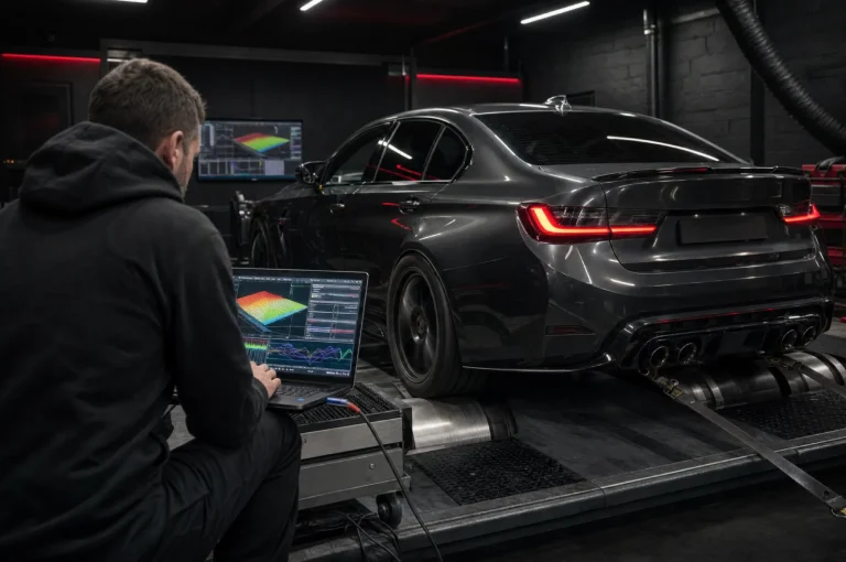 Chiptuning Beograd, tehničar radi mapu motora dok je auto na valjcima