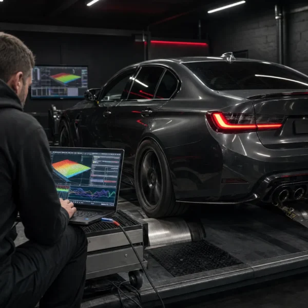 Chiptuning Beograd, tehničar radi mapu motora dok je auto na valjcima